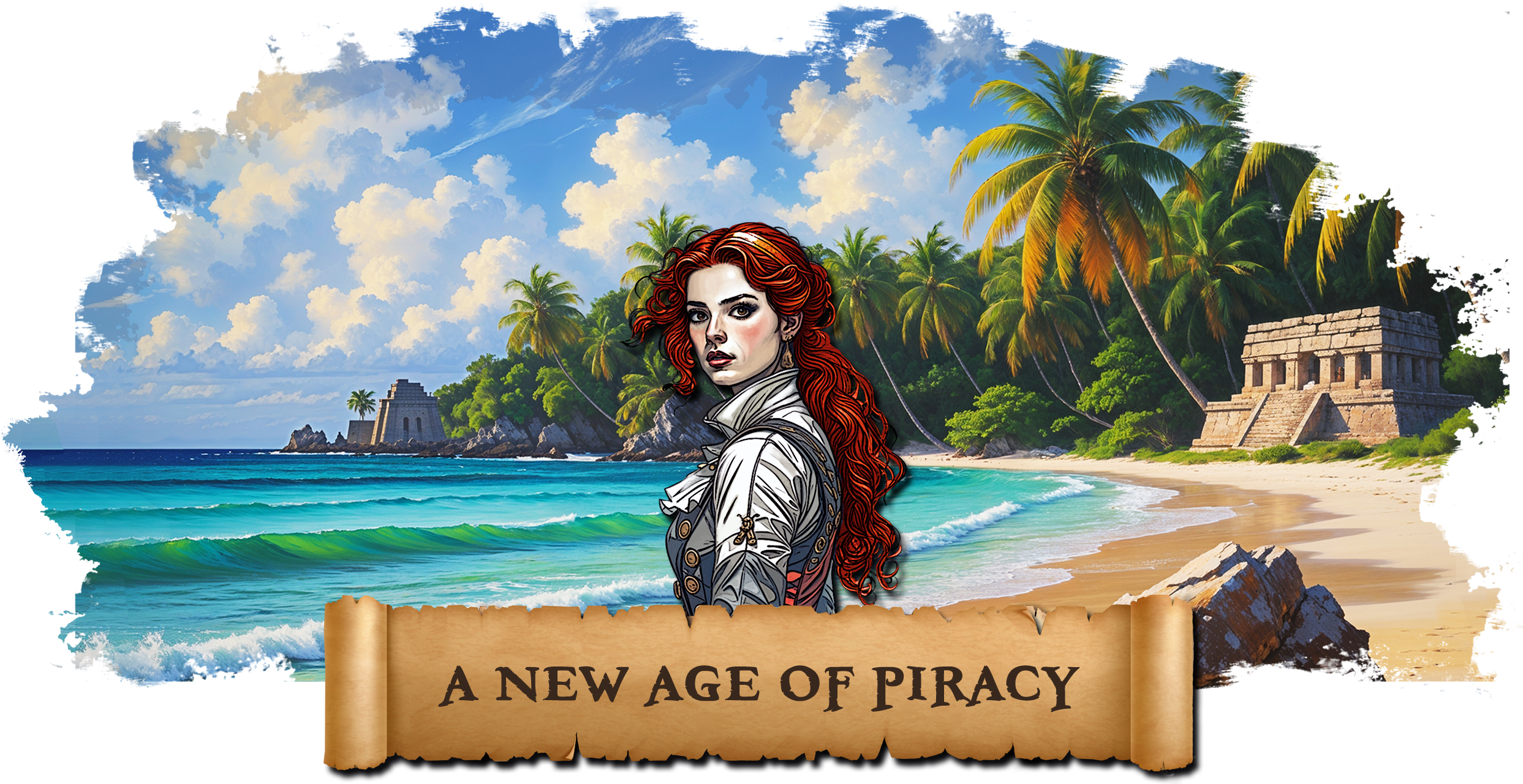 A redheaded woman dressed in leather, standing before a Caribbean beach