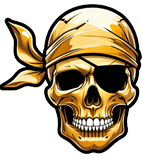 A golden Jolly Roger skull with a pirate bandana