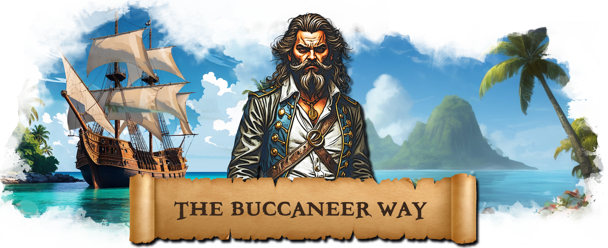 Blackbeard standing before a Caribbean beach dressed in leather with a menacing look on his face