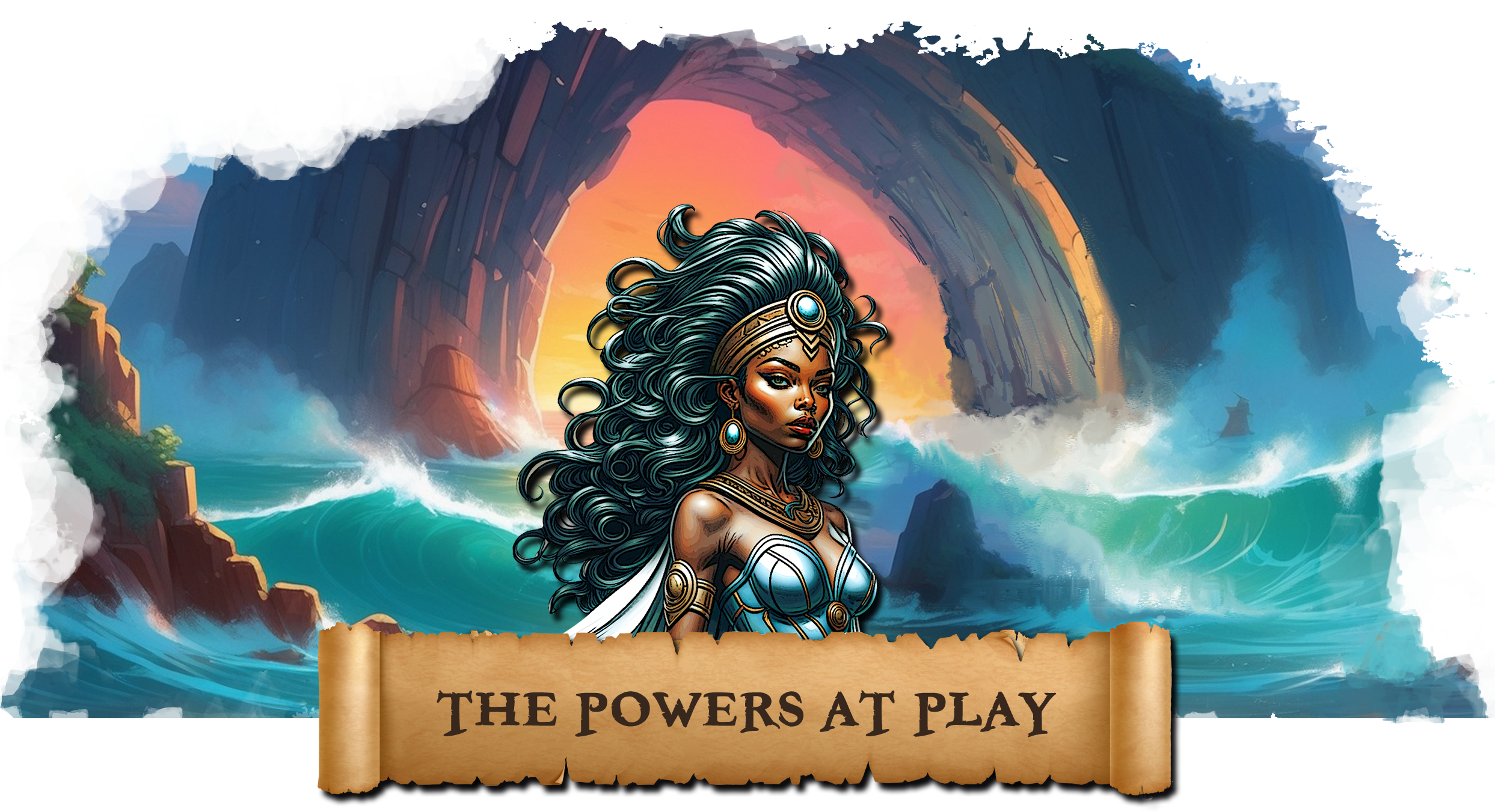 An African goddess, Oya, standing before a beautiful Caribbean beach